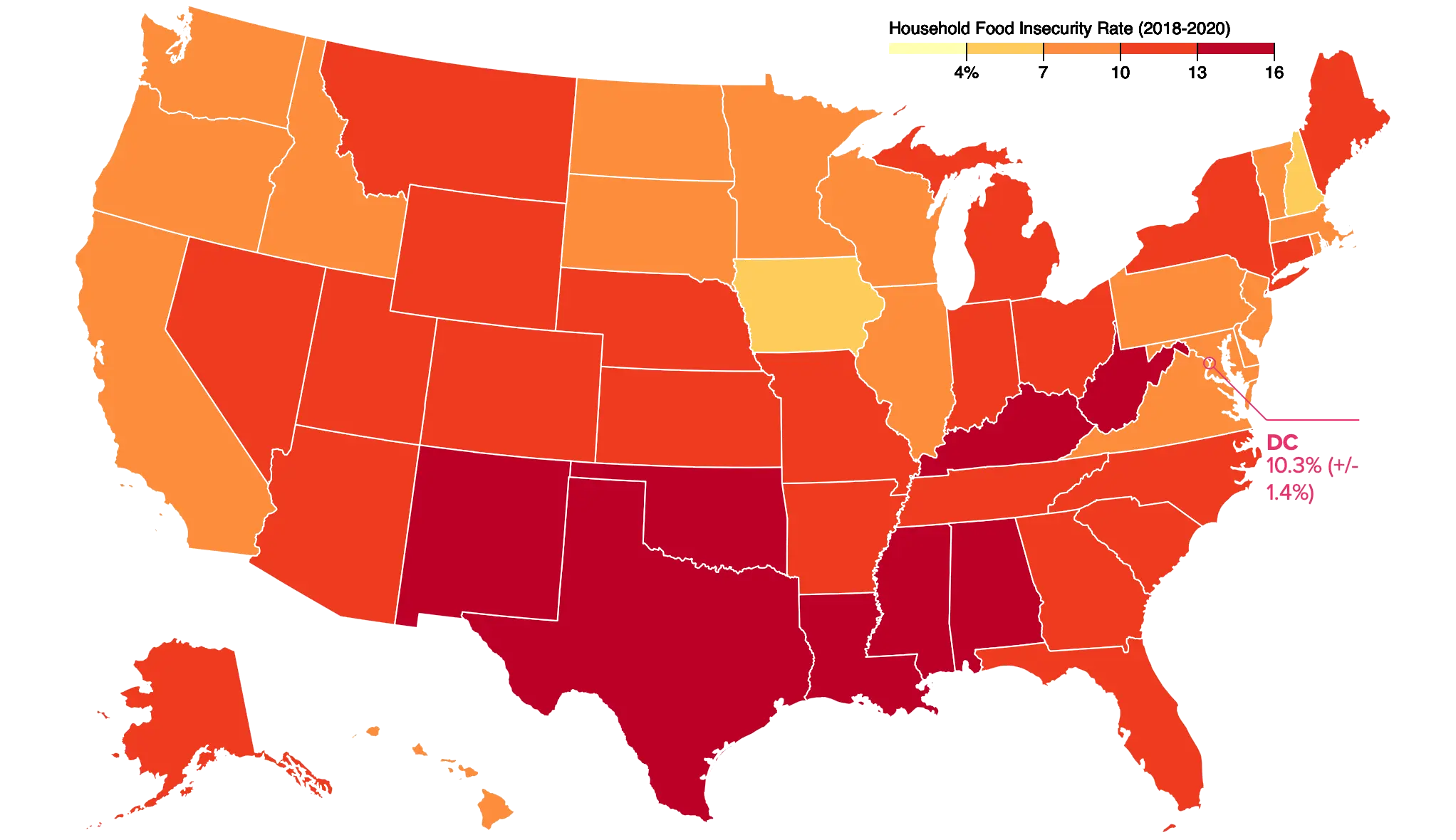 Map showing food insecurity rates in the Southern United States